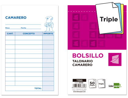 Talonario Liderpapel Camarero bolsillo 50 juegos triplicado